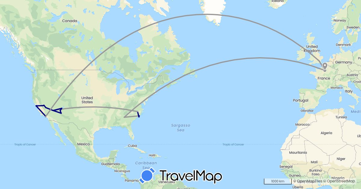 TravelMap itinerary: driving, bus, plane, hiking in France, United Kingdom, United States (Europe, North America)